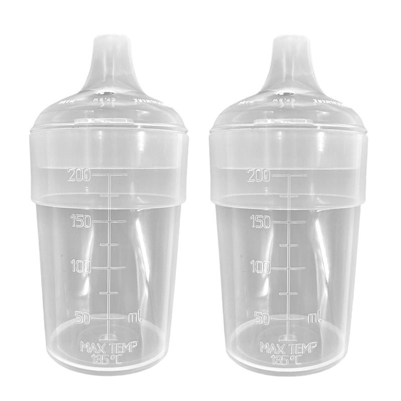 Chabrias Ltd 2 Pack - Clear, Wide Spout, Feeding Beakers - 200ml Controllable Flow Lid Autoclavable, Microwave Safe and Spill-Proof UK Made (Wide spout lid)